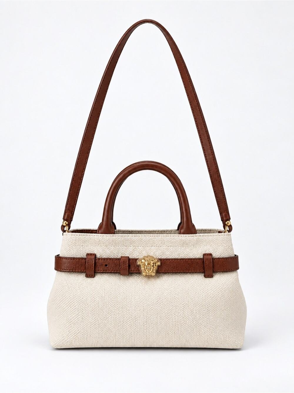 Versace Cream Tote with Brown Leather Strap and Gold Medusa Detail
